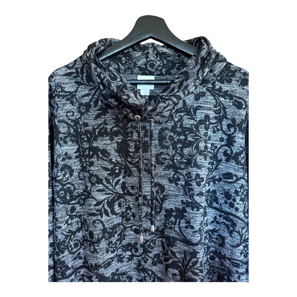 Weekends by Chico's Size 3 (XL/16) Grey Black Damask Floral Cowl Neck Sweatshirt - Picture 2 of 12
